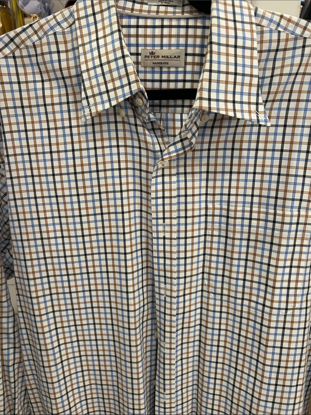 Peter Millar Men's Long-Sleeve Checked Dress Shirt in White, Blue & Brown